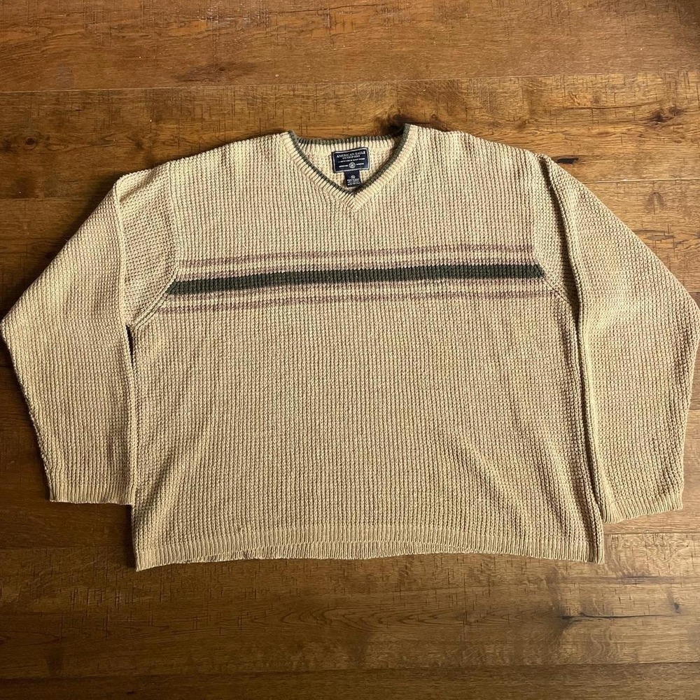 American Eagle Waffle Knit Sweater Mens XL Cream Grunge Preppy Striped V-Neck